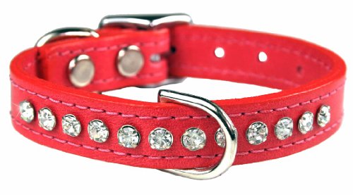 Image of Signature Leather Crystal Dog Collar, Salmon Solid Grain Leather, Fits 6 inch-8 inch Neck Size, 10 inch Overall Length