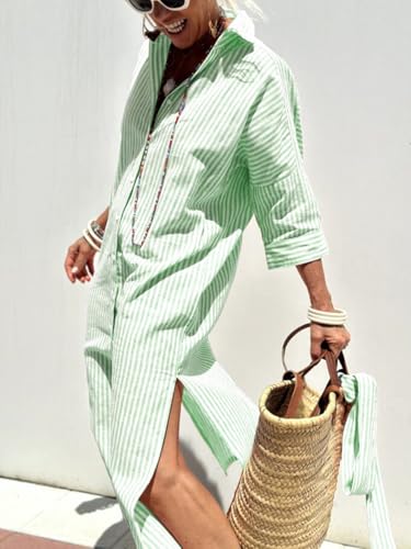 Image of chouyatou Women's Summer 3 /4 Sleeve Striped Shirt Dress Belted Maxi Long Casual Button Down Beach Dress