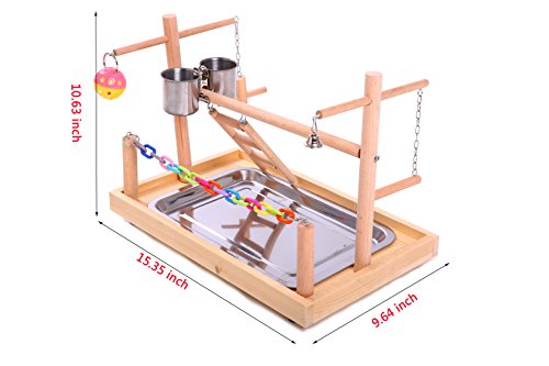 QBLEEV Bird Training Playground Parrot Wooden Perches Play Gym Playpen with Ladders Feeder Cup Chewing Bell Toys(15.3" L *9.6" W *10.6" H)