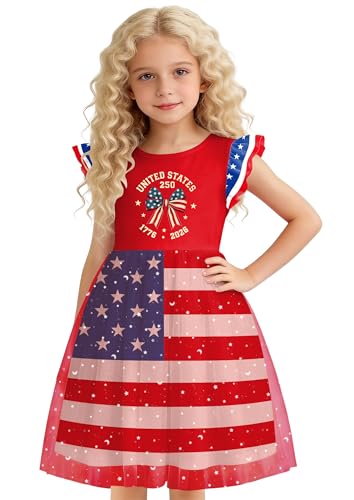 Image of Girls 4th of July Dress American Patriotic Outfit USA Independence Day Clothes Flutter Sleeve Tulle Tutu Dress 5-14y