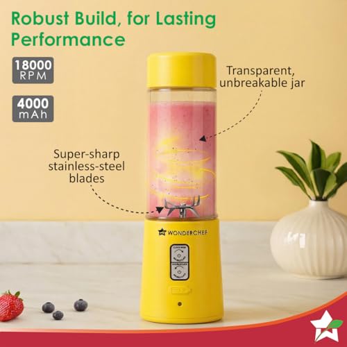 Image of Wonderchef Twister Portable Blender, 500ml, Dual-rotation Stainless-steel Blades, For Crushing Ice, Smoothies, Shakes, Salad Dressings, For Backpacks /Office Bags, Type-c Charge, 1-Yr Warranty, Yellow