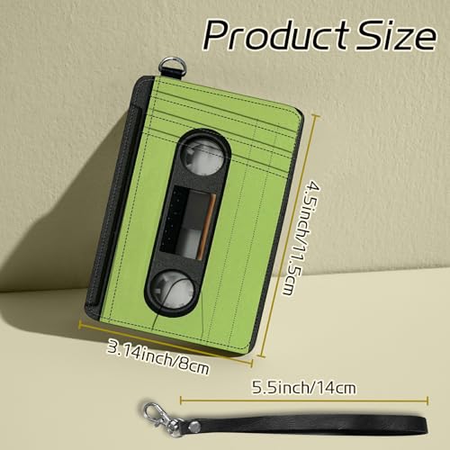 Image of Small Travel Wallets, Green Tape Cassette Slim Minimalist Front Pocket Wallet with Wristlet, RFID Blocking PU Leather Credit Card Holder with ID Window Change Purse for Men Women