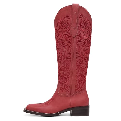 Women's Embroidered Cowboy Boots Knee High Cowgirl Riding Boots Low Block Heel Comfortable Pull On Western Square Toe Tall Boots2