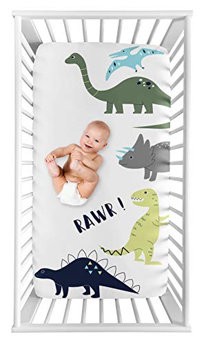 Image of Sweet Jojo Designs Mod Dino Boy Fitted Crib Sheet Baby or Toddler Bed Nursery Photo Op - Blue, Green and Grey Rawr Modern Dinosaur