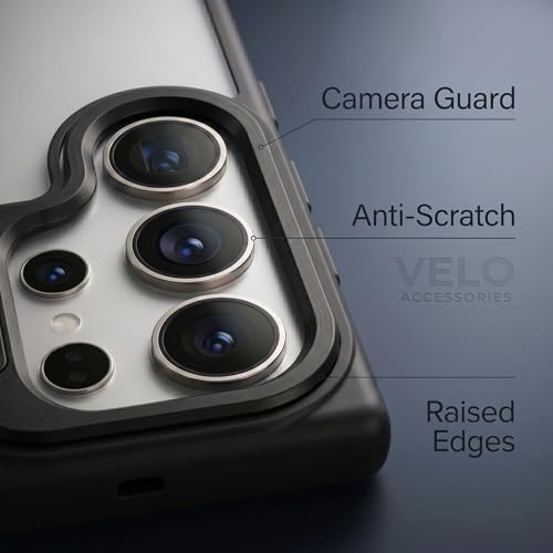 Image of amazon basics Frosted Matte Case for Samsung Galaxy S24 Ultra 5G | Built-in Flip-Out Camera Lens Stand | Translucent Back with Contrast Black Bumper | Shockproof Protective Cover