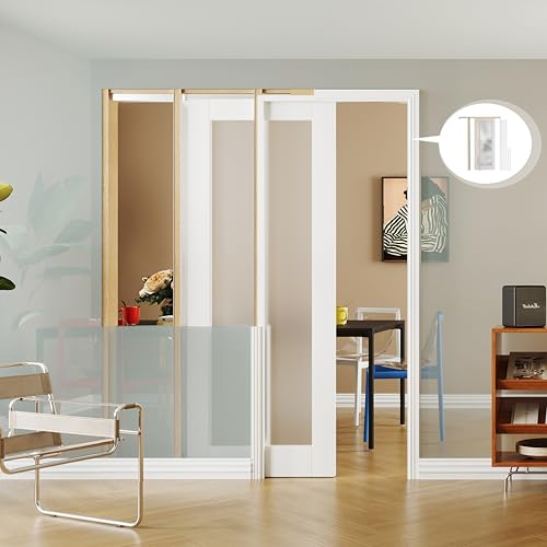 Image of Pocket Door 30 inch x 80 inch, 1-Lite Frosted Glass Pantry Door Panel with Frame and Hardware Kit Set Plus Door Jamb, Single Interior & Closet Door Slab for Sliding Door, No Panel Assembly Required