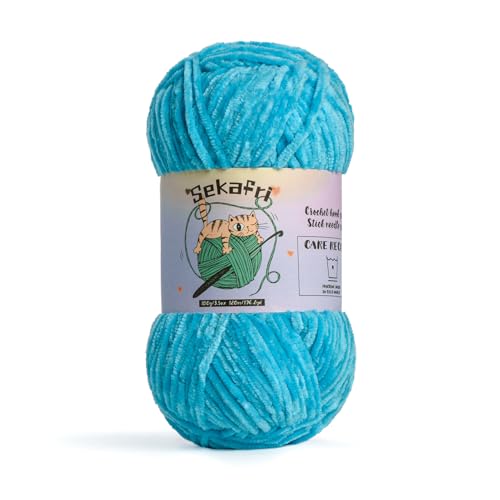 Image of Fuzzy Chenille Yarn for Crocheting, Fluffy Amigurumi Crochet Yarn for DIY Craft /Hat /Shoes, (100g /197yds) Soft Velvet Baby Blanket Yarns(Blue)