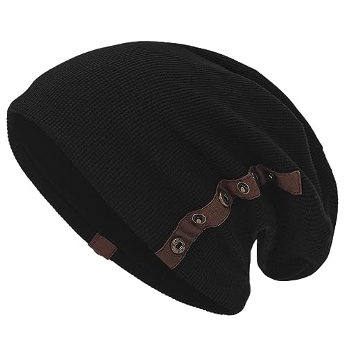 Mens Slouchy Beanie Cotton Stylish Knitted Slouch Beanie Hats (B020-Black)