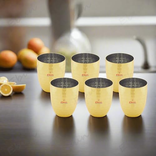 Image of Ebun Heavy Gauge Stainless Steel Glass Set | Gold PVD Plated Steel Glass Set of 6 for Water | Steel Glasses | Stainless Steel Glass Set of 6 | 300 Ml