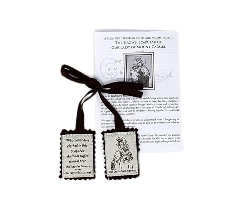 Brown Wool Embroidered Scapular & Leaflet - Our Lady of Mount Carmel and the Sacred Heart of Jesus.