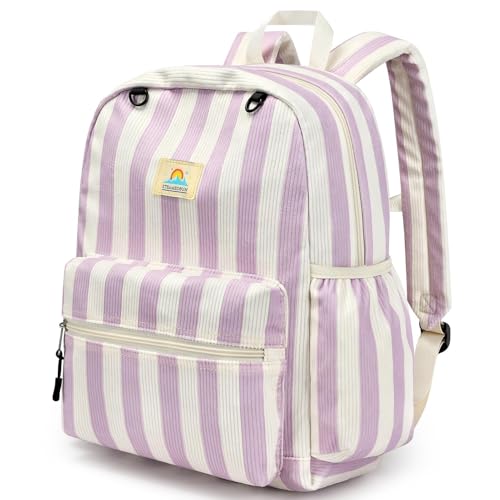 Image of STEAMEDBUN Corduroy Kids Backpack for Girls and Boys 5-8: Girls Backpack for Elementary Kindergarten - 15 inch Cute Backpacks for Kids - Stripe