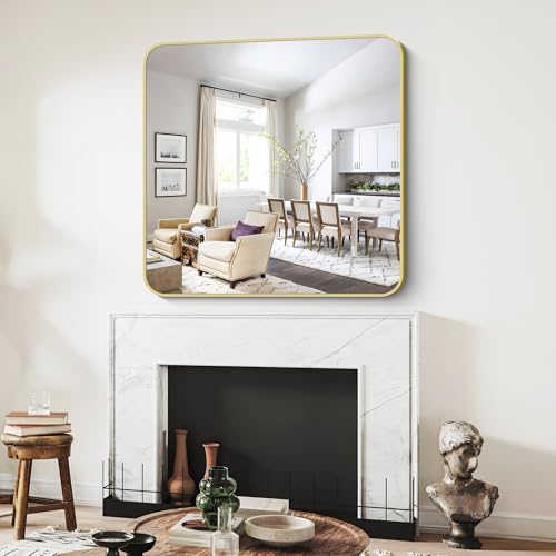 Image of Gold Bathroom Mirror, 42x42 Inch Metal Framed Square Mirror, Rounded Corner Gold Vanity Mirror, Large Wall Mounted Mirrors for Living Room Bedroom Entryway Hangs Horizontal or Vertical