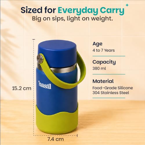 Image of Basil HydraRush Stainless Steel Insulated Kids Water Bottle for School, 380ml Leakproof Bottle with Carry Handle, Double Wall Vacuum Thermosteel Bottle for School, Sports, Travel & Outdoor Use | Oasis
