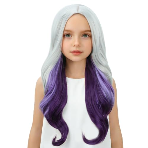 Image of Silver Gray Ombre Purple Wig for Child Girls Long Grey Ombre Purple Middle Part Wig Kids Silver Gray to Wavy Curly Wigs Heat Resistant Synthetic Wigs with Cap