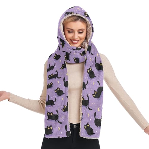 Ensemble hiver 3 en 1 femme : bonnet à capuche chat noir et lune avec écharpe à poches