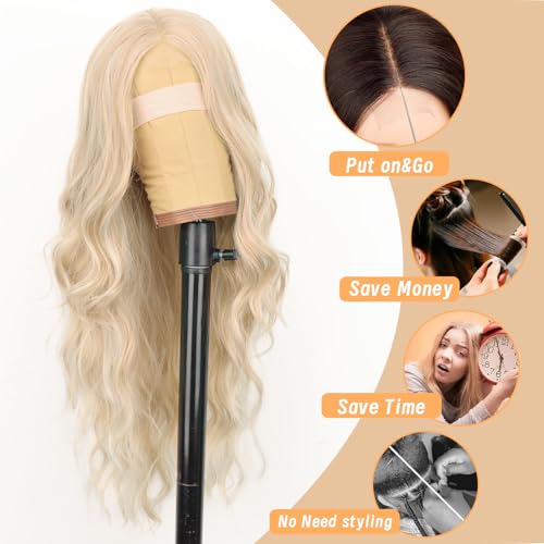 Image of AISI HAIR Platinum Blonde Highlight Wig for Women, Long Wavy Lace Hairline Middle Part Synthetic Heat Resistant Wig for Daily Party-26 Inch
