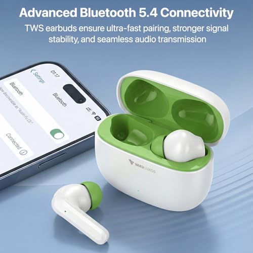 Image of Vaku Luxos SONAIR TWS Bluetooth 5.4 Earbuds | 60H Playtime | Touch Controls | Type-C Fast Charging | 10mm Driver | Voice Assistant | Deep Bass Wireless Earbuds with Charging Case- White /Green