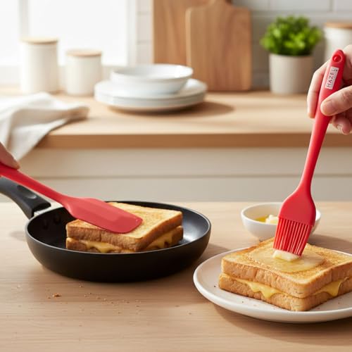 Image of HAZEL Silicone Spatula & Oil Brush Combo Set of 2 | 8 inch Heat Resistant, Non-Stick Tools for Mixing, Scraping & Greasing