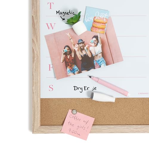 Image of U Brands Framed Magnetic Weekly Dry Erase Calendar Combo Board, 16 inchx11 inch, Wood Style Frame, Includes Magnetic Dry Erase Marker with Eraser Top, Succulent Magnet, and 2 Push Pins