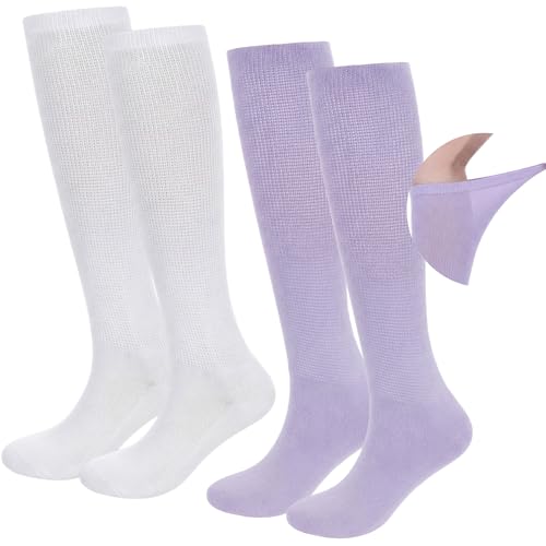 Ramede 2 Pairs Walking Boot Socks for Foot Brace Rayon Bamboo Replacement Knee High Sock for Boot Walker Brace Women Men(White Light Purple)