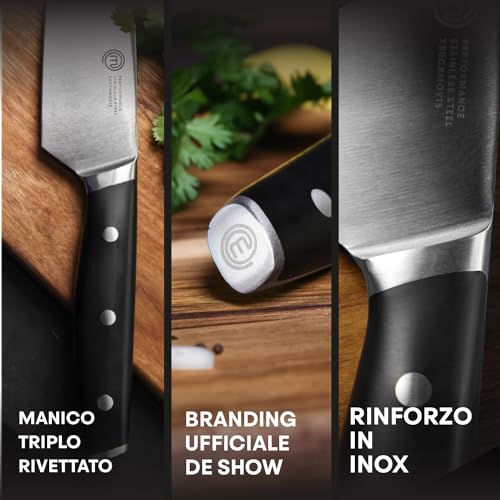 MasterChef Coltello Chef Professionale, Acciaio Inox ad Alto Carbonio, Manici Tripli Rivettati, Codolo Pieno con Bolster, Lama da 20cm - immagine 5