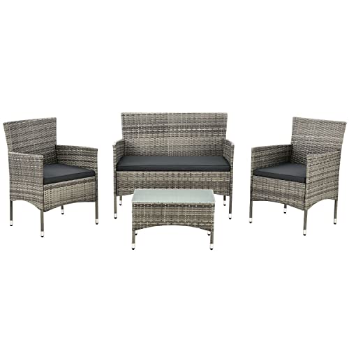 Juskys Ensemble de Meubles en polyrotin Fort Myers 4 Personnes avec canapé 2 Places, 2 chaises, Coussins de Table et de siège, Couvertures Gris chiné et Gris foncé, Milieu