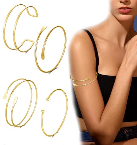 4PCS Arm Cuff for Women Upper Arm Band Cuff Bangle Bracelets for Women Gold Arm Cuff Jewelry Adjustable Armband Set3