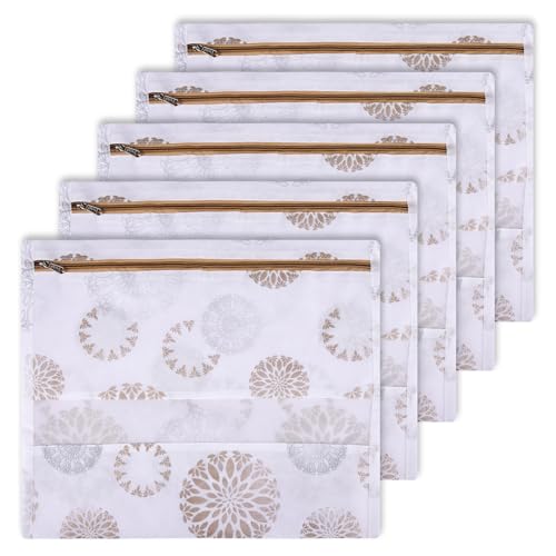 Image of Kuber Industries Pack of 5 Single Saree Bags for Storage | Mesh Window Cloth Storage Set | Non-Woven Wardrobe Organizer | Single Packing |Gola-Print | White