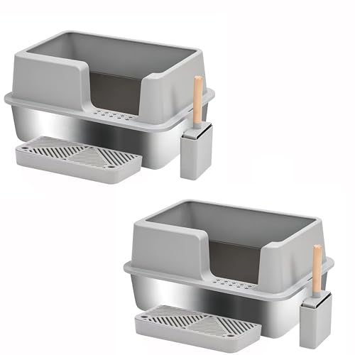 2 Sets of KUNWU Stainless Steel Cat Litter Box with Enclosure Lid, Scoop and Step, XL 24