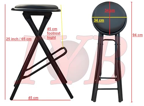 Image of IYB Folding Stool - Heavy Duty 25-inch Collapsible Padded Round Stool with 80 KG Capacity for Dorm, Rec Room, Bar, Kitchen or Gameroom (Black)