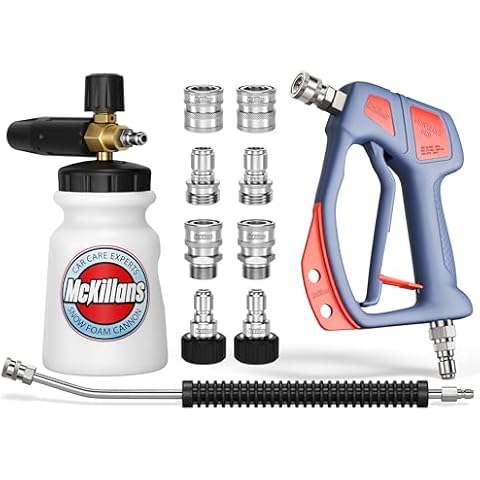 McKillans® Swivel Gun PRO + Foam Cannon Wide Month + Car Pressure Washer Extension Wand + Srainless Steel Quick Connect Kit M22-14mm to 3/8" Male Female Quick Disconnect Kit for Power Wash Bundle Cover
