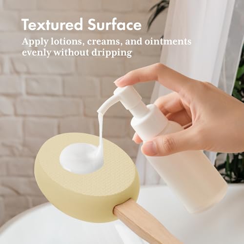Image of AmazerBath Lotion Applicator for Back, Feet, 4 Replacement Pads with 17 inch Curved Handle, Back Sunscreen Applicator for Kids, Elderly, Apply Skin Cream Medicine Moisturizer Tanner, Light Beige Yellow
