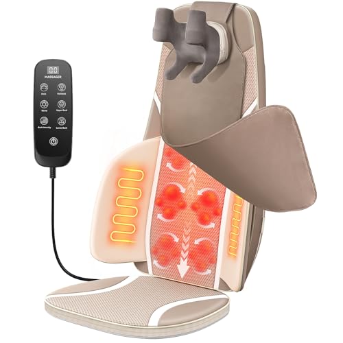 Flekzo Shiatsu Back & Neck Massage Chair Seat Cushion with Heat – 4D Kneading, Adjustable Intensity, Adjustable Neck Height, Full Back Pain Relief, Deep Tissue, Office Chair Massager, Brown