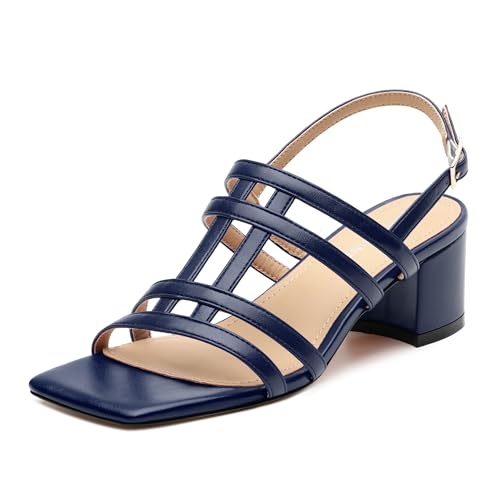 Women's Strappy Heels Low Chunky Block Heel Sandals Square Open Toe Comfortable Ankle Strap Dress Sandals Shoes for Wedding Party Work 1.8 Inch