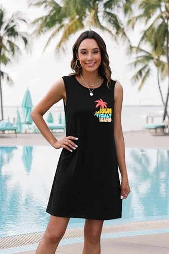 Image of MYHALF Summer Sundress for Women Graphic Mini Tank Dress Sleeveless Beach Dresses Short Casual Sun Dresses Black, XX-Large