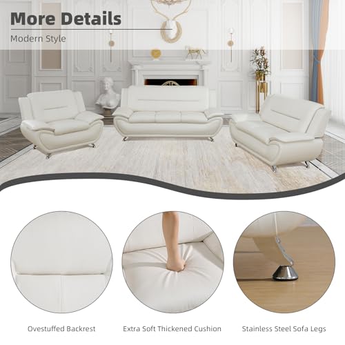 Image of Leather Sectional Sofa, Living Room Furniture Pieces, 3 - Piece Couch Set, Faux Leather Modern Couch Loveseat Chair Set with Sturdy Legs for Living Room /Bedroom /Office,White