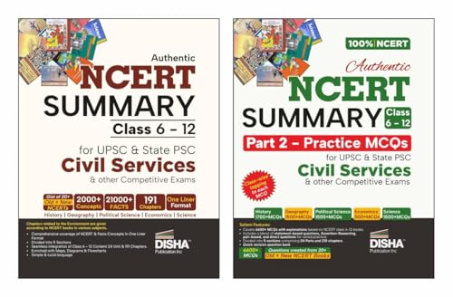 Image of Disha Combo (2 Books) Authentic NCERT Summary (Class 6 to 12) Part 1 & 2 - One Liner Concepts & Practice MCQs for UPSC & State PSC Civil Services & other Exams | Old & New NCERT General Studies