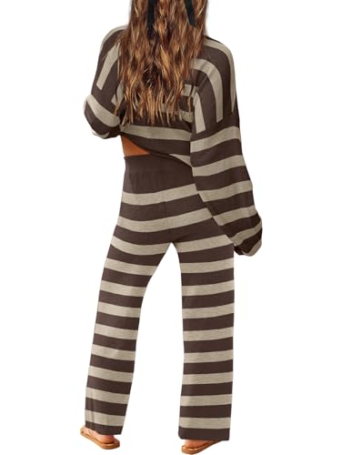 Image of LAMISSCHE Oversized Womens Lounge Set Striped Sweater Set Long Sleeve 2 Piece Pajama Set Top and Pants with Pockets