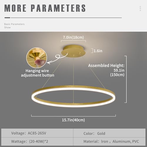 Mikeru 40cm Round Dining Table Pendant Lights, Dimmable Kitchen Island Lights 10% to 100% LED Dining Light Ceiling 3000K/4500K/6500K Height Adjustable Gold Pendant Light for Bedroom, Living Room - Cosy Home Interiors Mikeru 40cm Round Dining Table Pendant Lights, Dimmable Kitchen Island Lights 10% to 100% LED Dining Light Ceiling 3000K/4500K/6500K Height Adjustable Gold Pendant Light for Bedroom, Living Room - Image 2