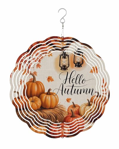 Hello Autumn Wind Spinners, Pumpkin Maple Leaf Linen Texture Hanging Wind Spinners for Yard and Garden 3D Stainless Steel Metal Sculptures Crafts Ornaments 10 Inch