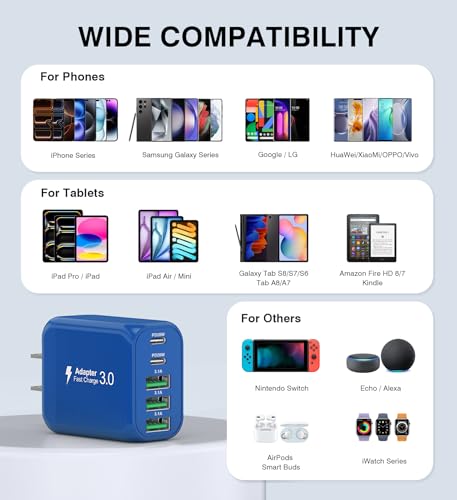 Image of (2-Pack) 50W USB C Wall Charger Block, 5-Port C Charger Fast Charging Block PD Power Adapter +QC Multiport Type C Box Brick Cube USB A Wall Plug for iPhone 15 /16 /17 Pro Max,Samsung (Dark Blue)