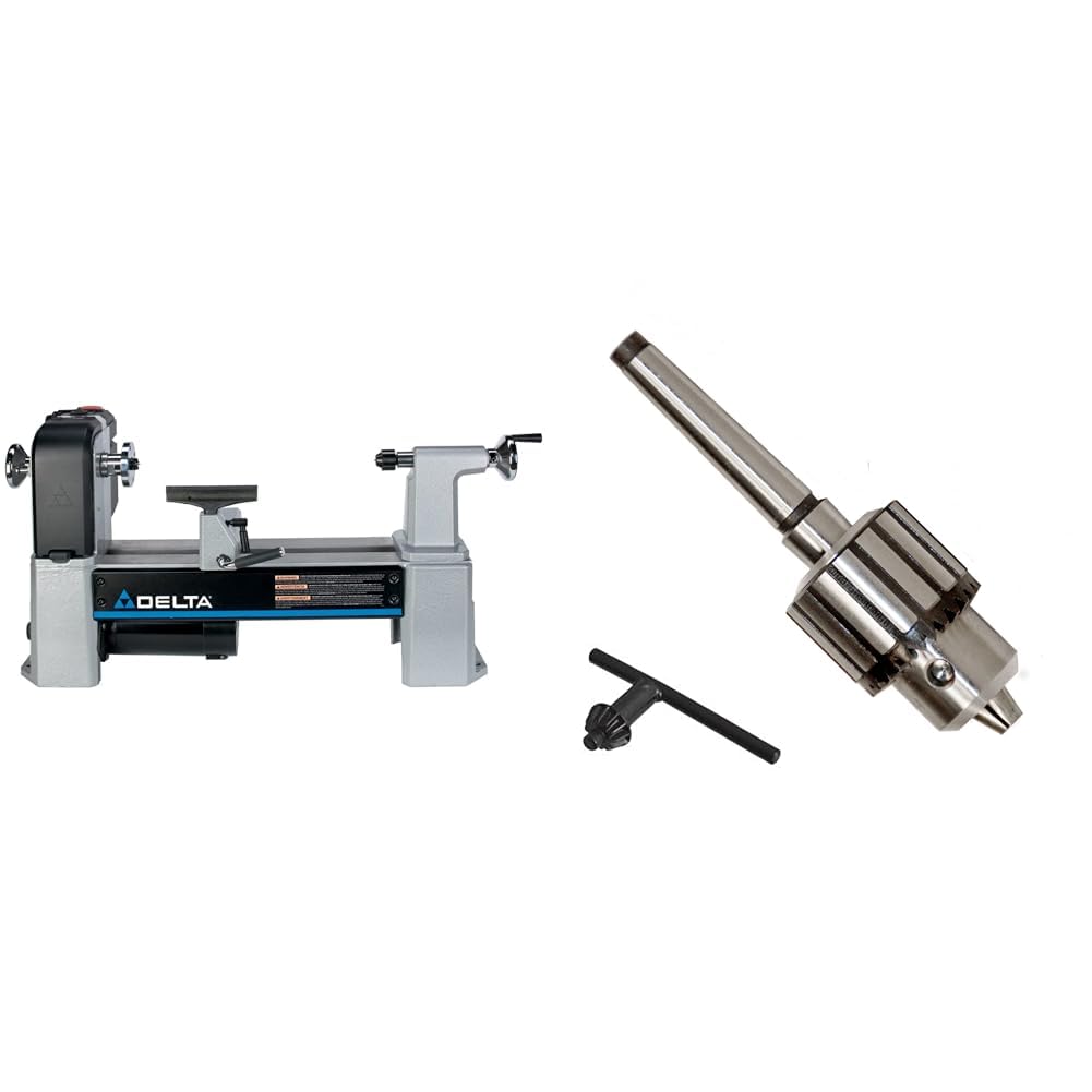 Delta Industrial 46-460 12-1/2-inch Variable-Speed MIDI Lathe, Gray & PSI Woodworking Products TM32 1/2-Inch Drill Chuck with #2 Morse Taper Arbor (1/2" 2MT)