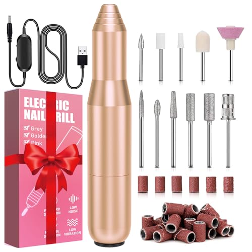 FOLAI Torno Para Uñas,11 en 1 Lima Electrica Uñas, Kit de Manicura y Pedicura EléCtrico Profesional,Velocidad Ajustable entregar Anillos de Arenas(Oro)