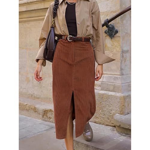 Brown Corduroy Skirt Split Slim Fit High Waist Button Vintage Bodycon Casual Elegant Streetwear Skirt4