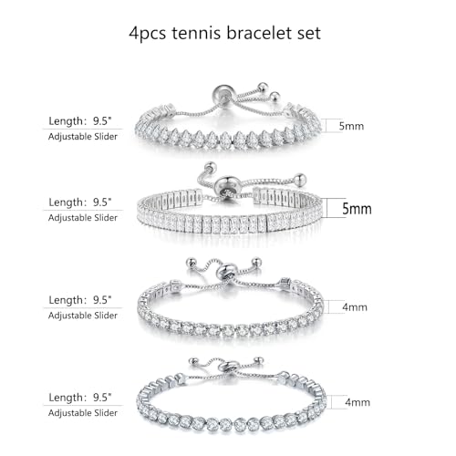 4pcs Silver Tennis Bracelets for Women - Cubic Zirconia Prom Bracelet Set - Stackable, Iced Out Bling Jewelry Set2