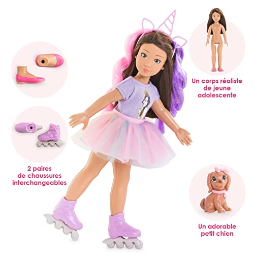 Corolle 9000600030 - Girls Luna Einhorn Set, Ankleidepuppe im Sommeroutfit mit Hund, mit Haarband, Ohrringe und extra Gummistiefel, 28cm Spielpuppe mit Vanilleduft, ab 4 Jahren