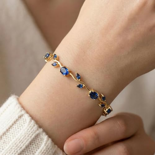 Image of Inites - Anti Tarnish Fairy Bloom Floral Tulip Bracelet With Blue Crystal Stones For Women & Girls | Elegant Floral Branches Golden Chain Link Bracelet Lightweight Jewelry For Daily Wear & Gifts