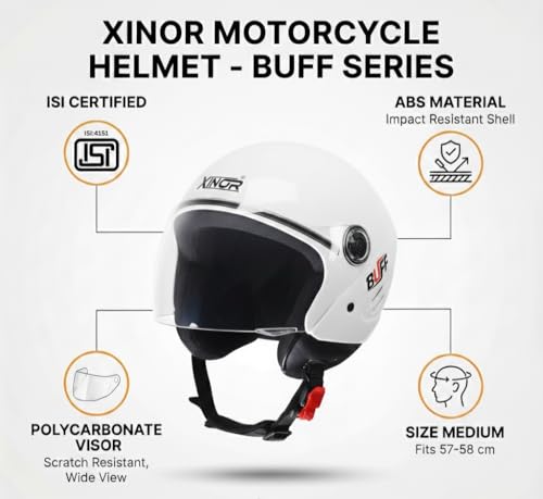 Image of Buff Open Face Motorcycle Helmet Medium | ISI Certified Lightweight with Clear Visor | Unisex Bike & Scooter Helmet for Men & Women (Matte Black)