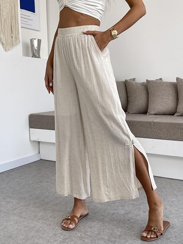 Women's Linen Capris Pants Slit Culottes Summer Wide Leg Split Crop Trouser Palazzo Pants2