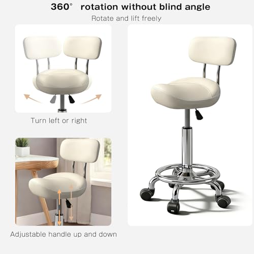Image of Saddle Stool with Ring Pedal and Back, Adjustable Hydraulic Rolling Chair with Wheels for Medical, Massage, Salon, Spa, Kitchen, and Drafting Use